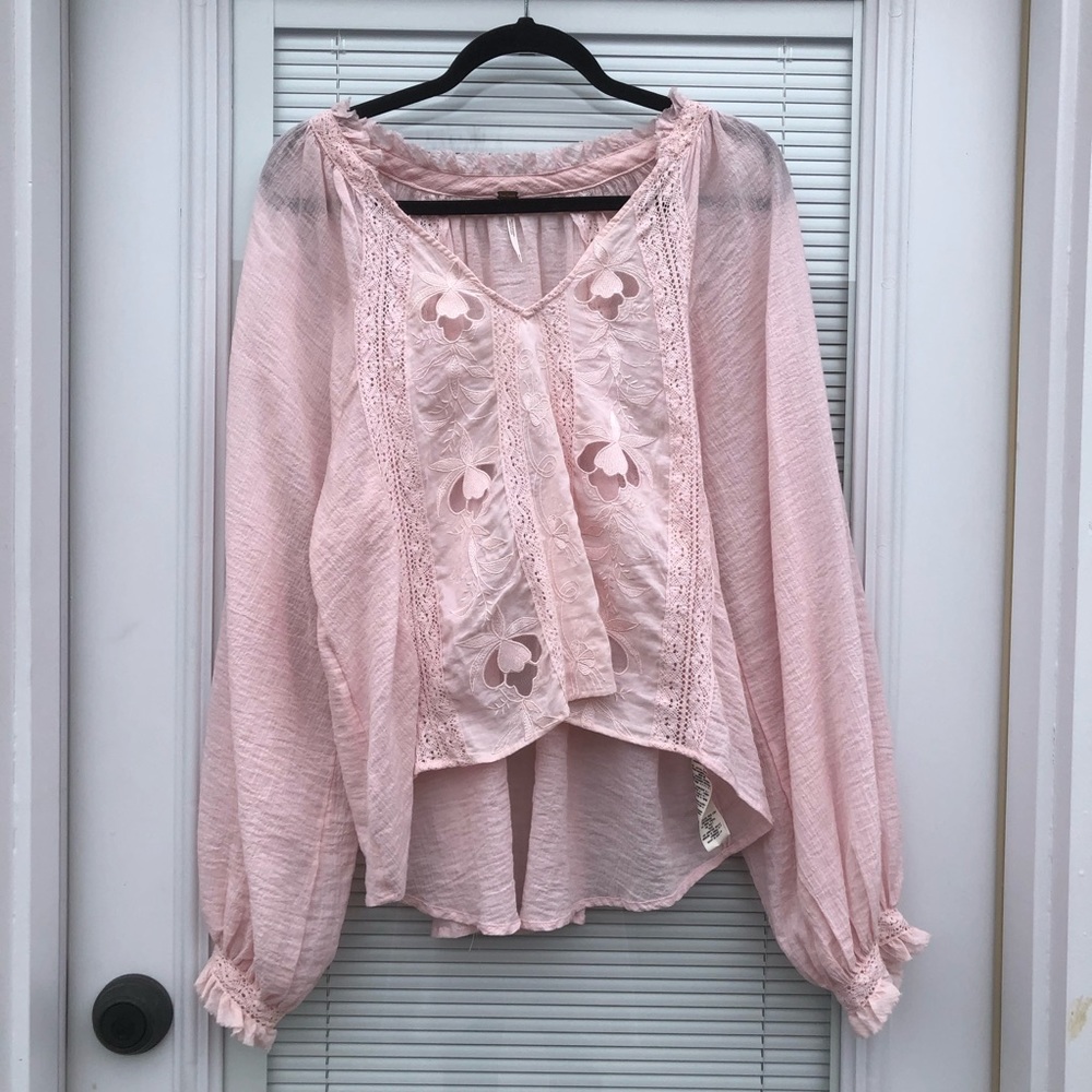 Light Pink Free People Embroidered Blouse
